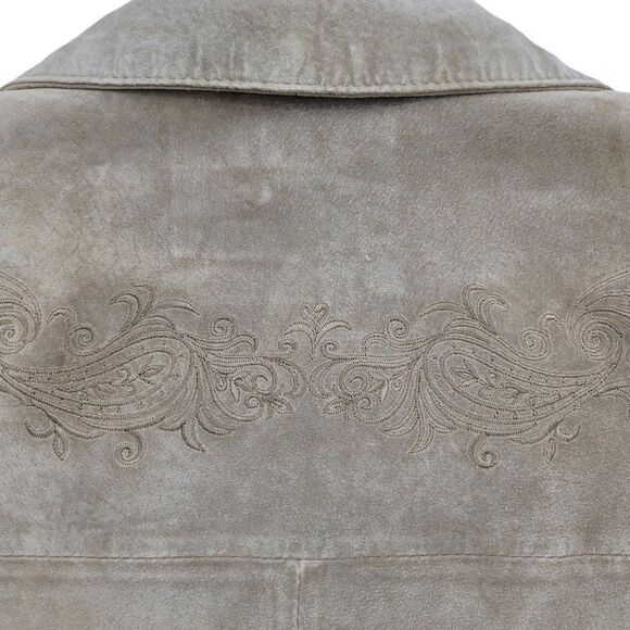 Vtg 90's Jacket Leather Embroidered Country Rodeo Shacket Neutral Tan Sz M - Picture 9 of 11
